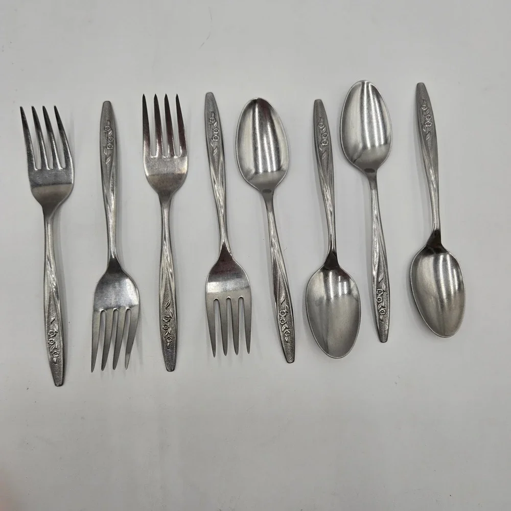 Vtg Radiant‎ Rose Floral Stainless Steel Spoon and Fork Set 8 Piece